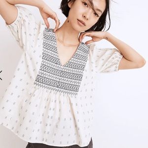 MADEWELL Embroidered-Yoke Top in Clipdot Peasant Blouse Shirred Cotton Womens M